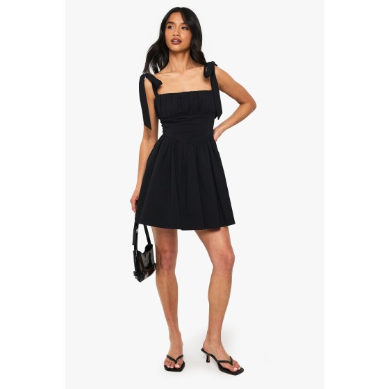 Petite Tie Shoulder Milkmaid Skater Dress