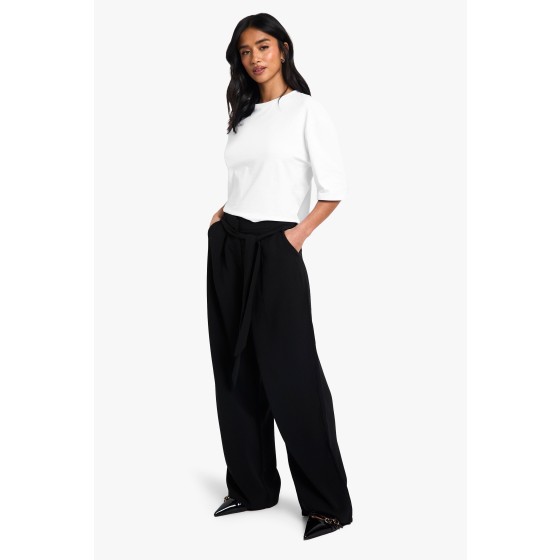 Petite Tie Belt Detail Wide Leg Trousers