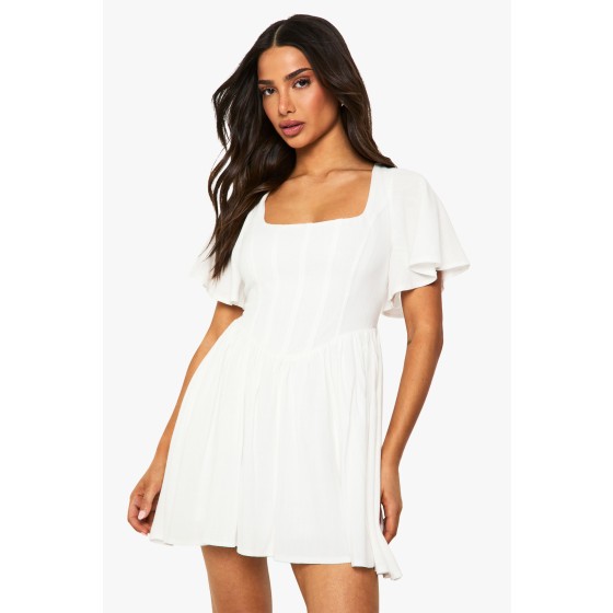 Petite Linen Mix Corset Angel Sleeve Skater Dress