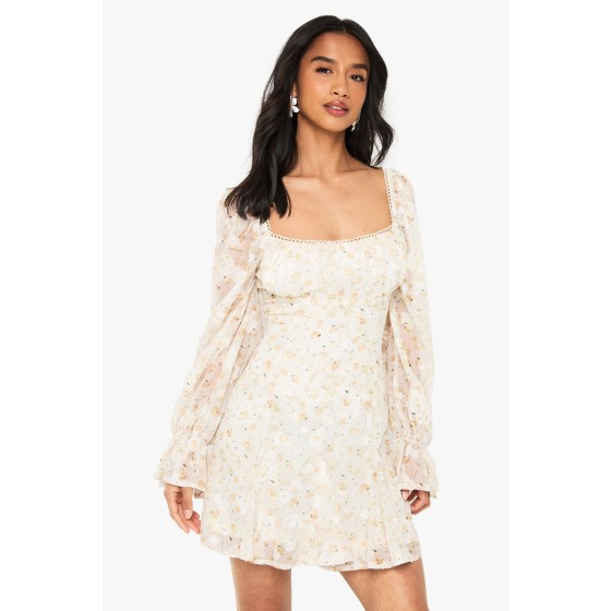 Petite Chiffon Jaquard Floral Angel Sleeve Mini Dress
