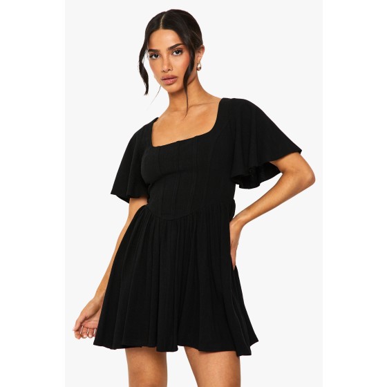 Petite Linen Mix Corset Angel Sleeve Skater Dress