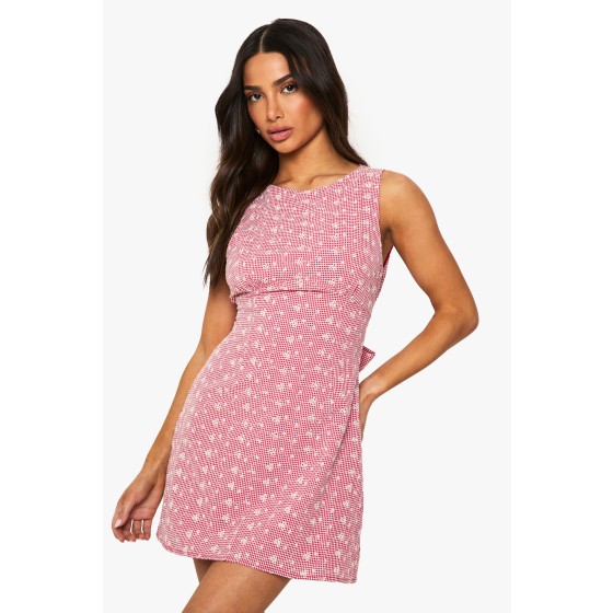 Petite Embroidered Gingham Tie Back Shift Dress