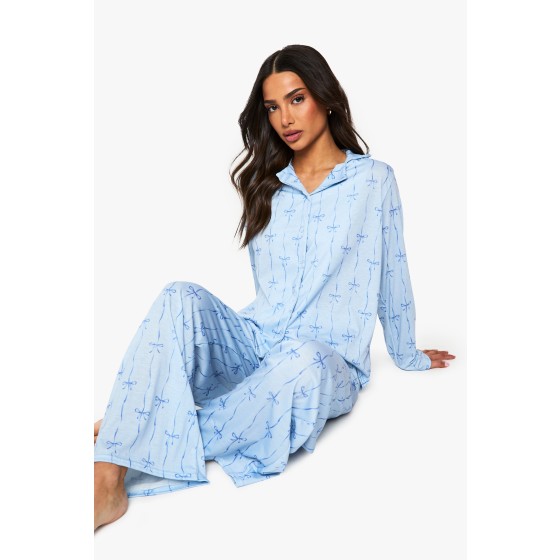 Petite Bow Print Long Sleeve Shirt & Trousers Pyjama Set