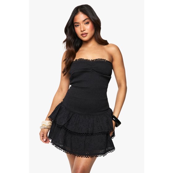 Petite Broderie Anglaise Shirred Bandeau Mini Dress