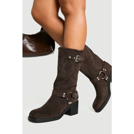 Faux Suede D Ring Heeled Biker Boots