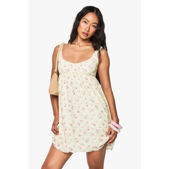 Petite Ditsy Floral Broderie Square Neck Smock Dress