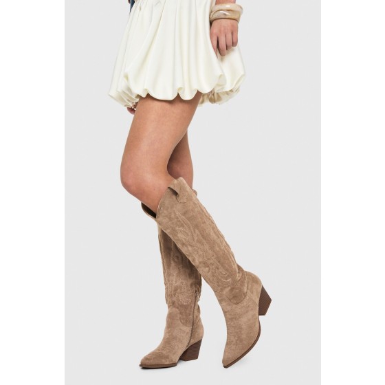Faux Suede Knee High Embroidered Western Boots