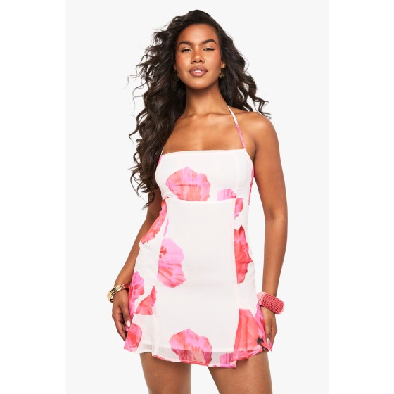 Petite Floral Chiffon Strappy Tie Front Godet Hem Mini Dress