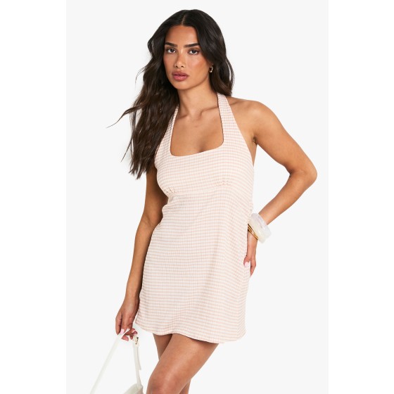 Petite Textured Gingham Halterneck Swing Mini Dress