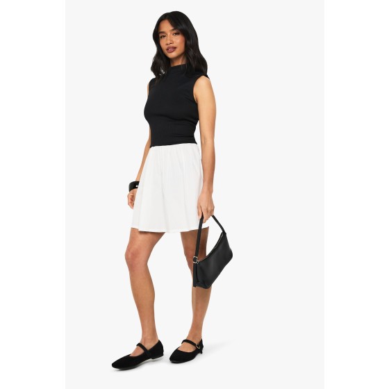 Petite Contrast Jersey Rib Cotton Mix High Neck Mini Dress