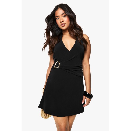 Petite Halter Neck Trim Detail Wrap Mini Dress