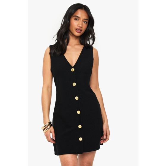 Petite Gold Button V Neck Shift Dress