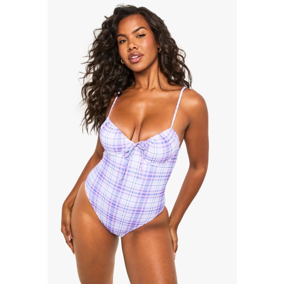 Petite Lilac Check Underwire Swimsuit