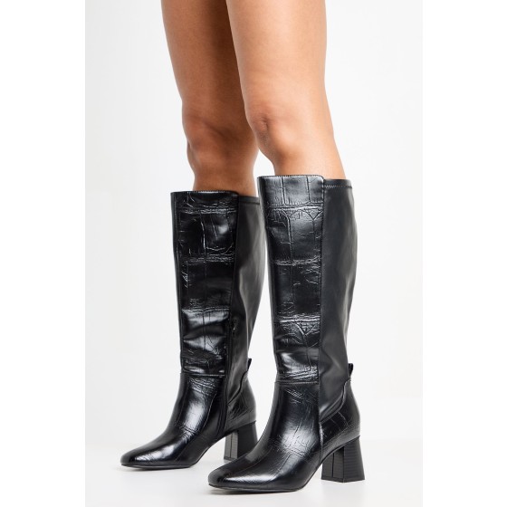 Wide Fit Stretch Knee High Flared Block Heeled Boots