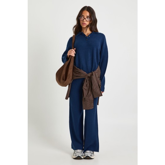 Petite Collared Button Down Oversized Knitted Jumper And Straight Leg Trouser Co-Ord