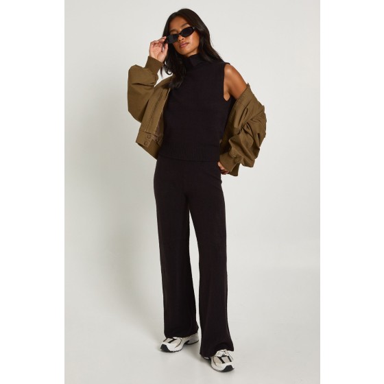Petite Split Neck Collar Super Soft Knitted Tank and Straight Leg Trouser Co-Ord
