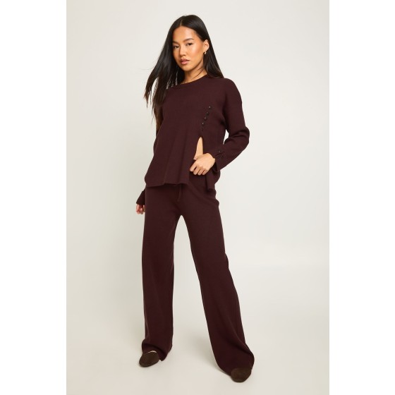 Petite Chunky Rib Button Hem Detail Crew Neck Jumper and Straight Leg Trouser Co-Ord