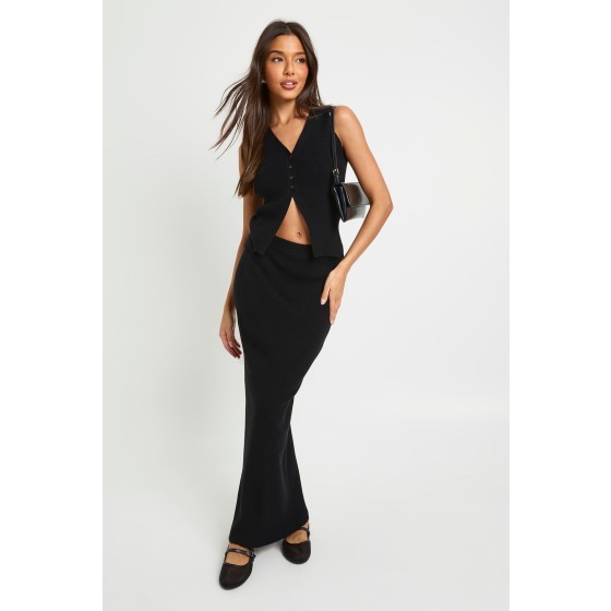 Petite Chunky Rib V Neck Knitted Waistcoat and Maxi Skirt Co-Ord