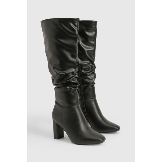 Wide Fit Ruched Knee High Heeled Boots