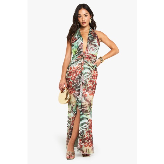 Petite Mesh Starfish Trim Halterneck Maxi Dress
