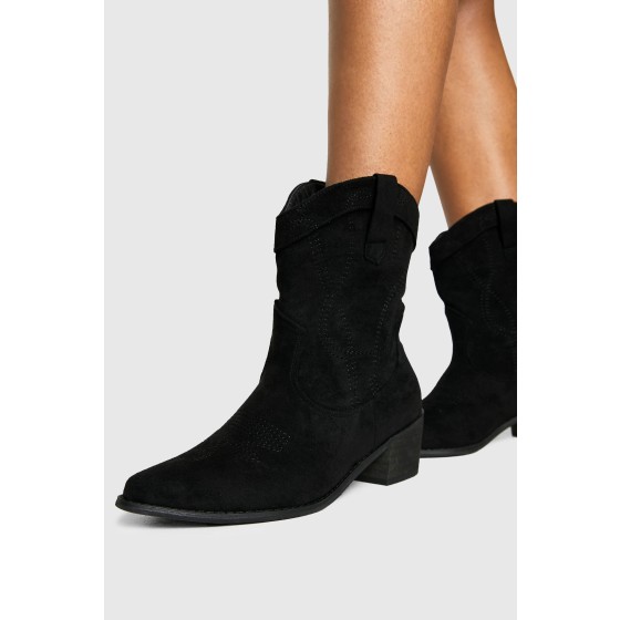 Wide Fit Faux Suede Stitch Detail Ankle Western Cowboy Boots