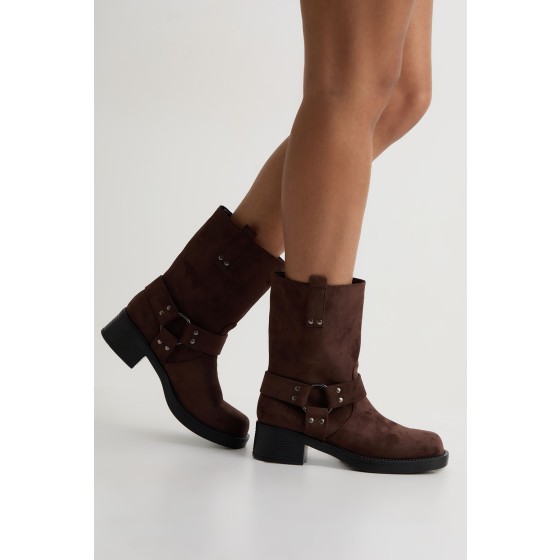 Faux Suede Harness Detail Biker Boots