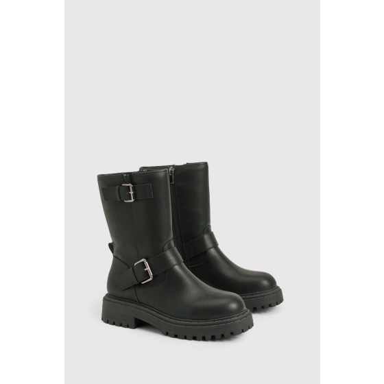 Wide Fit Double Buckle Biker Boots