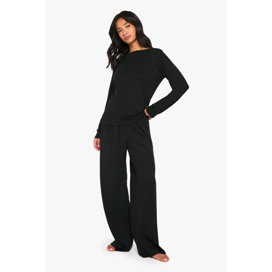 Petite Pointelle Long Sleeve Top and Wide Leg Trouser Pyjama Set