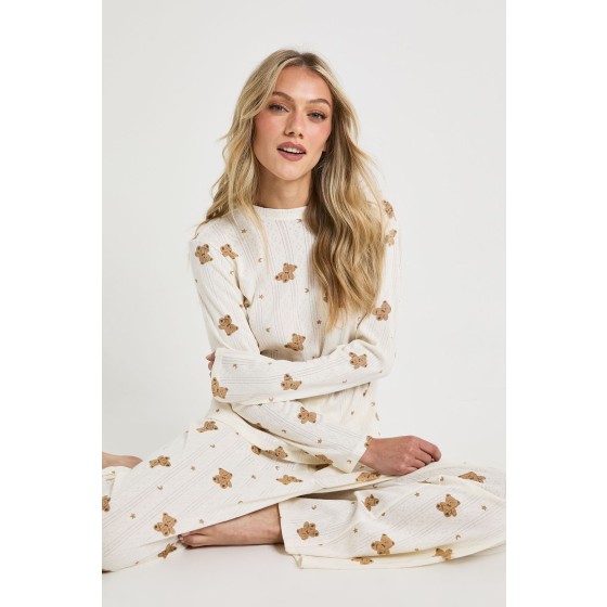 Petite Pointelle Bear Print Long Sleeve Top and Wide Leg Trouser Pyjama Set