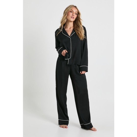 Petite Satin Piping Detail Long Sleeve Shirt & Trousers Pyjama Set