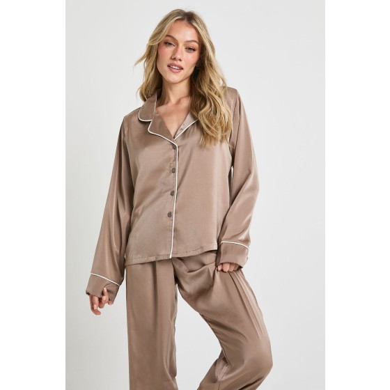 Petite Satin Piping Detail Long Sleeve Shirt & Trousers Pyjama Set