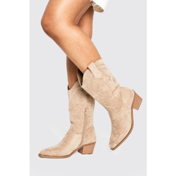 Faux Suede Embroidery Detail Calf High Western Boots