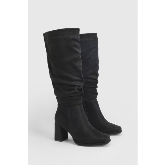 Wide Fit Faux Suede Block Heeled Knee High Boots