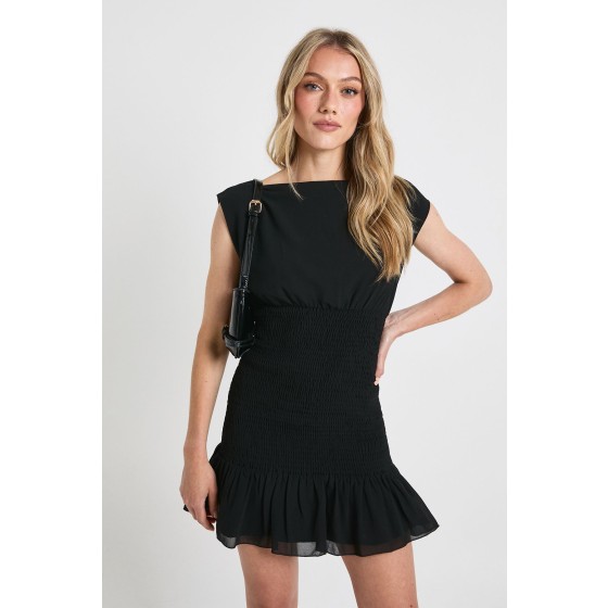 Petite Shirred Waist Ruffle Hem Mini Dress