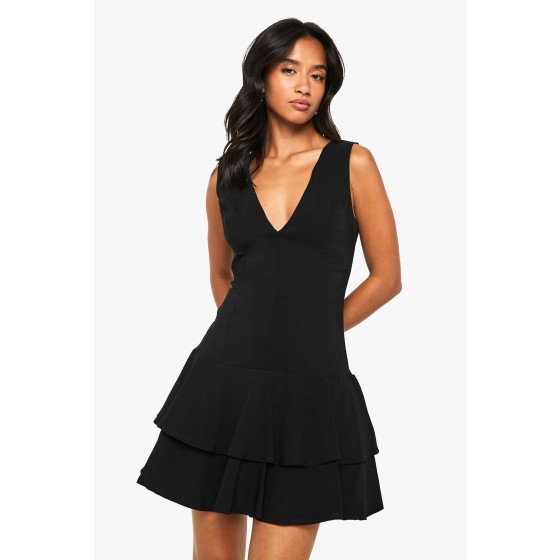 Petite Bengaline Plunge Ruffle Hem Shift Mini Dress