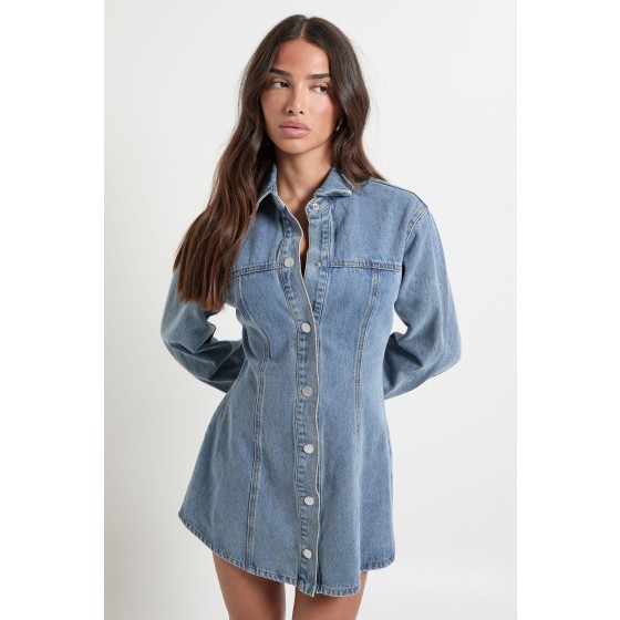 Petite Long Sleeve Cinched Waist Denim Dress