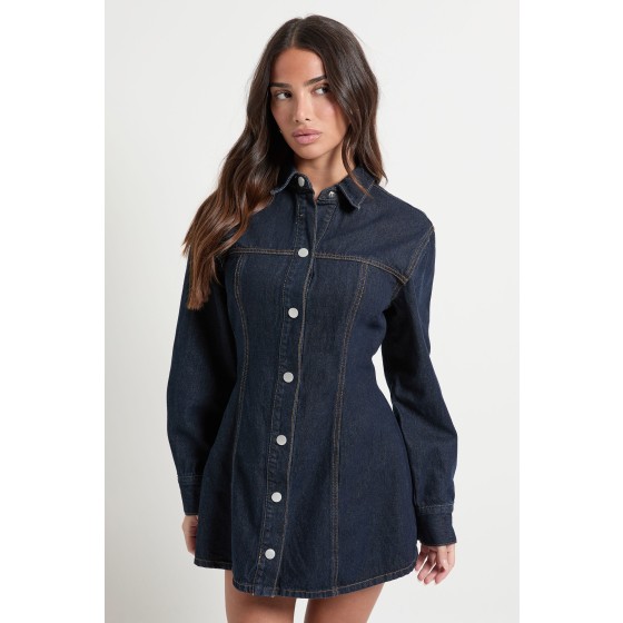 Petite Long Sleeve Cinched Waist Denim Dress