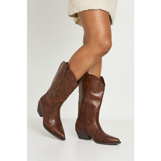 Stud Detail Knee High Western Cowboy Boots