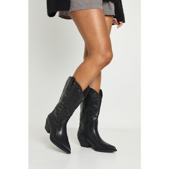 Faux Suede Stud Detail Knee High Western Cowboy Boots