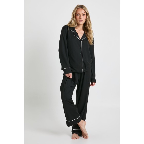 Petite Jersey Piping Detail Long Sleeve Shirt & Trousers Pyjama Set