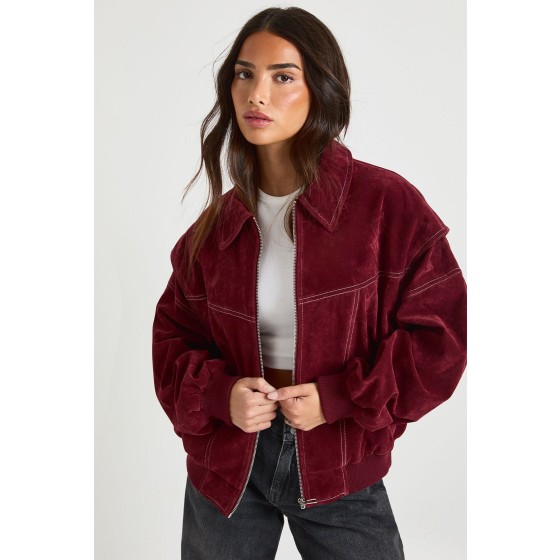 Petite Faux Suede Contrast Stitch Bomber Jacket