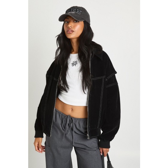 Petite Faux Suede Contrast Stitch Bomber Jacket