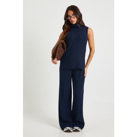 Petite Soft Knit Longline Roll Neck Sleeveless Jumper and Wide Leg Trouser Co-Ord