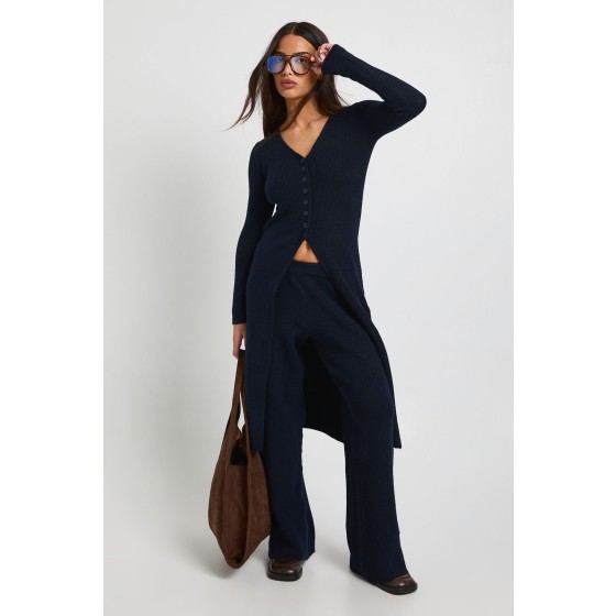 Petite Longline Button Cardigan and Wide Leg Trouser Co-Ord
