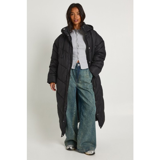 Petite Hooded Quilt Detail Maxi Puffer