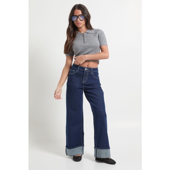 Petite Turn Up High Waist Straight Leg Jean