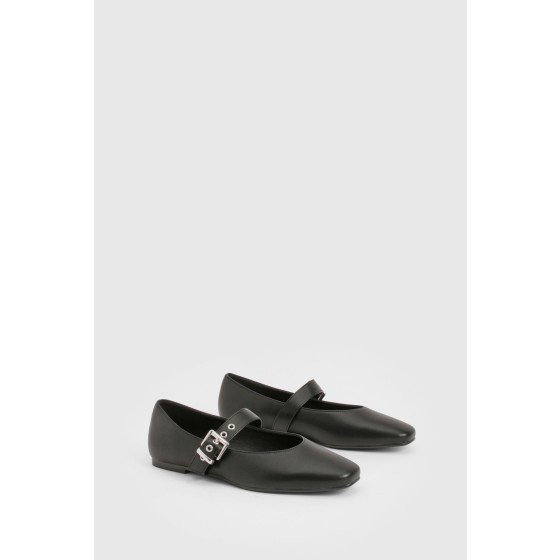 Wide Fit Metallic Buckle Detail Mary Jane Ballet Flats