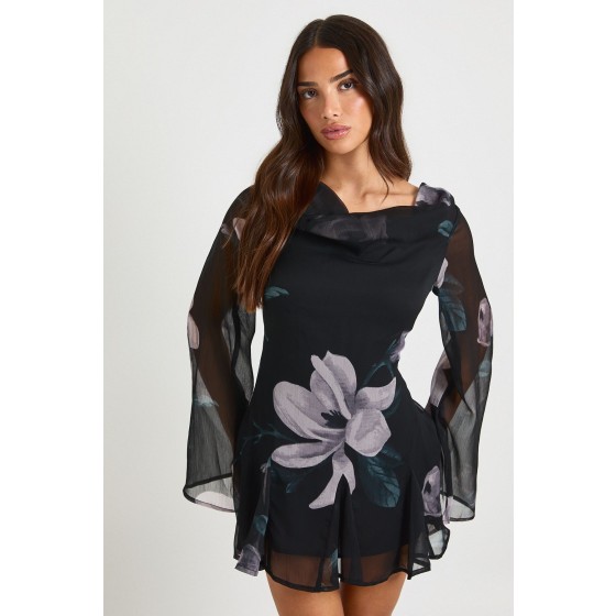 Petite Floral Long Sleeve Chiffon Mini Dress