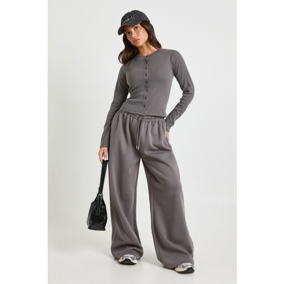 Petite Rib Button Through Long Sleeve Tracksuit