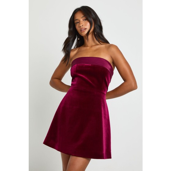 Petite Bonded Velvet Fold Over Bandeau Mini Dress